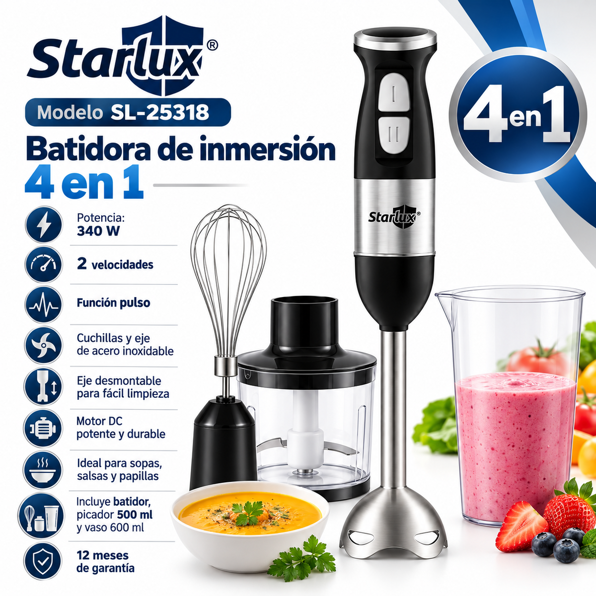 Batidora de mano 4 en 1 Starlux SL-25318 de 2 velocidades 340W