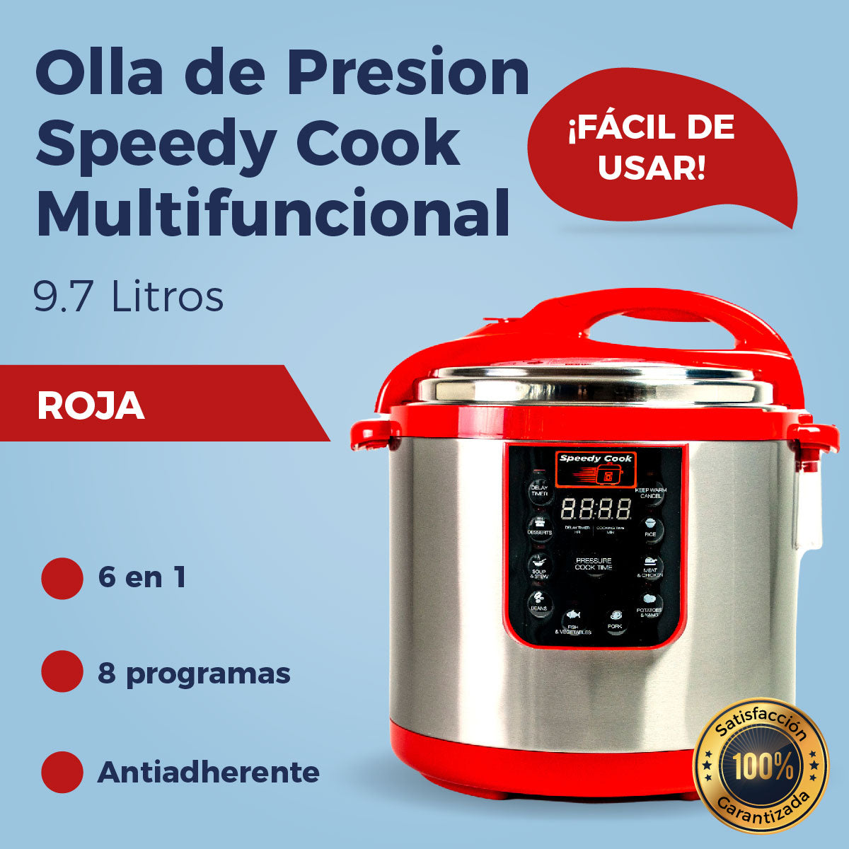 Olla de Presión Speedy Cook Multifuncional 6 en 1 | 9.7 Litros | Rojo