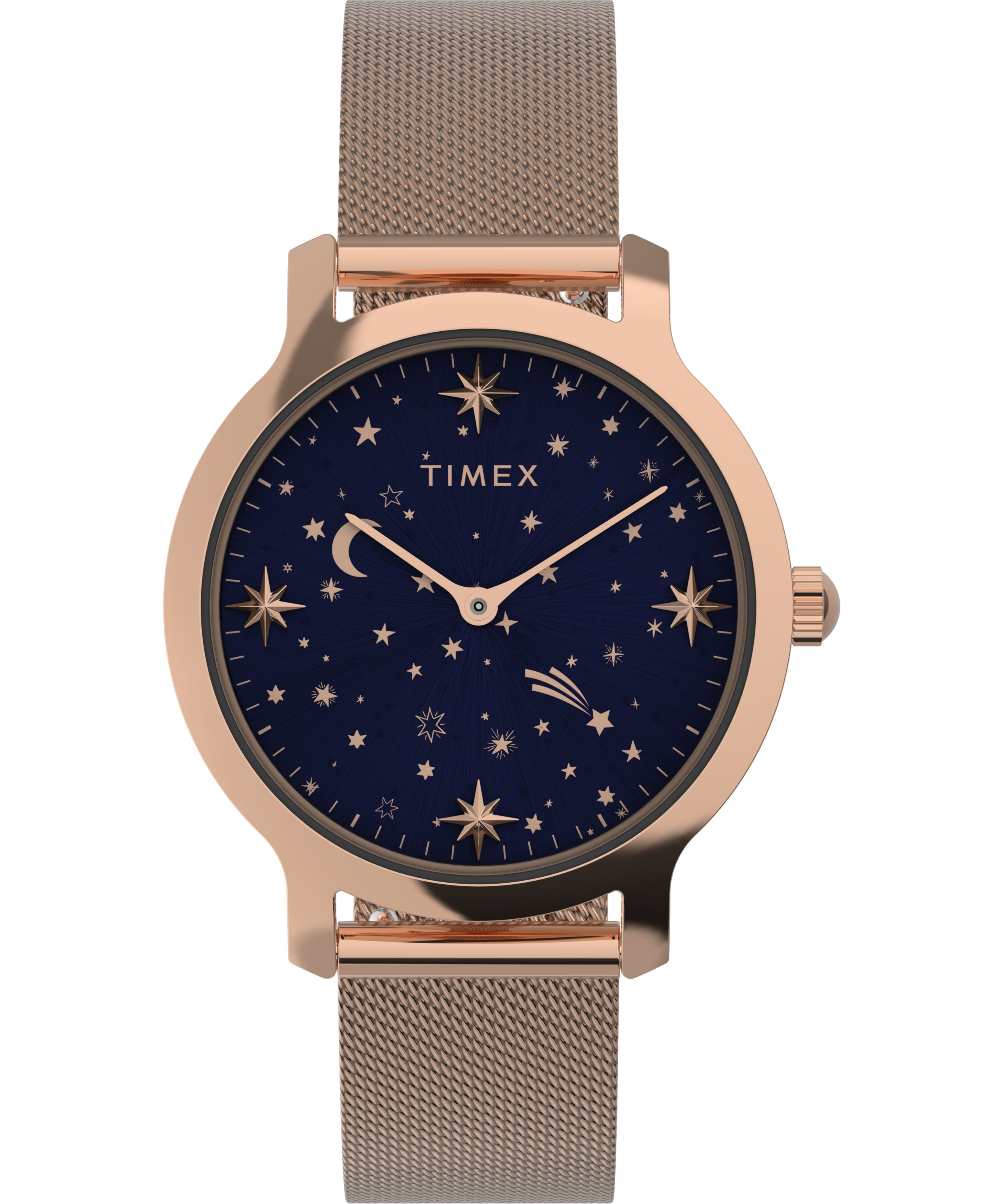 Timex Celestial Transcend Dama 2 Manecillas Carat Azul Braz Mesh Oro Rosa Caja 31mm TW2W21400