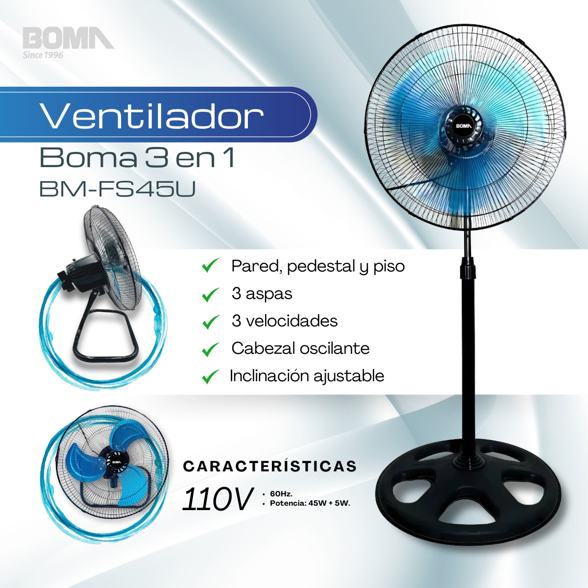 Ventilador Boma 3 en 1 pedestal, pared y piso. 3 aspas 110v | BM-FS45U