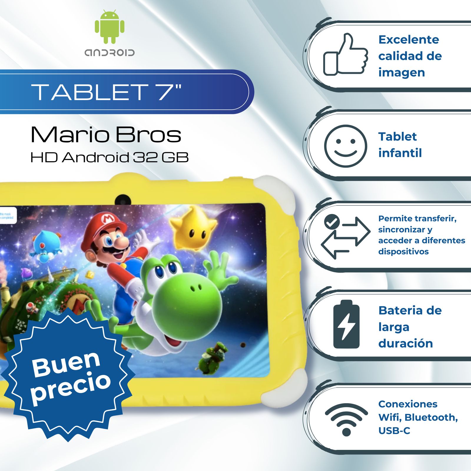 Tablet 7 Pulgadas Mario Bros HD Android 32 GB - 2 GB RAM Amarilla