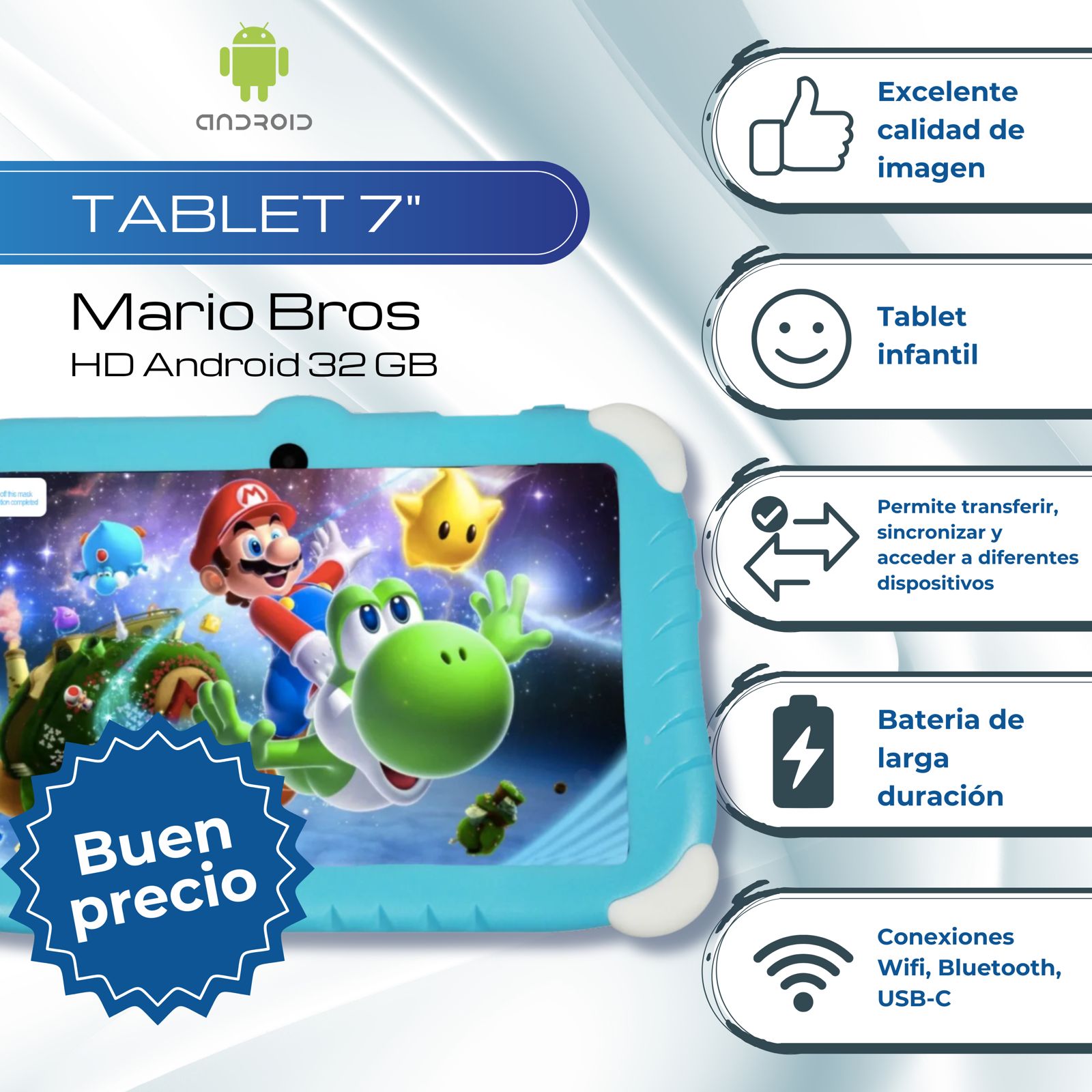 Tablet 7 Pulgadas LoQuiero Mario Bros HD Android 32 GB - 2 GB RAM Azul