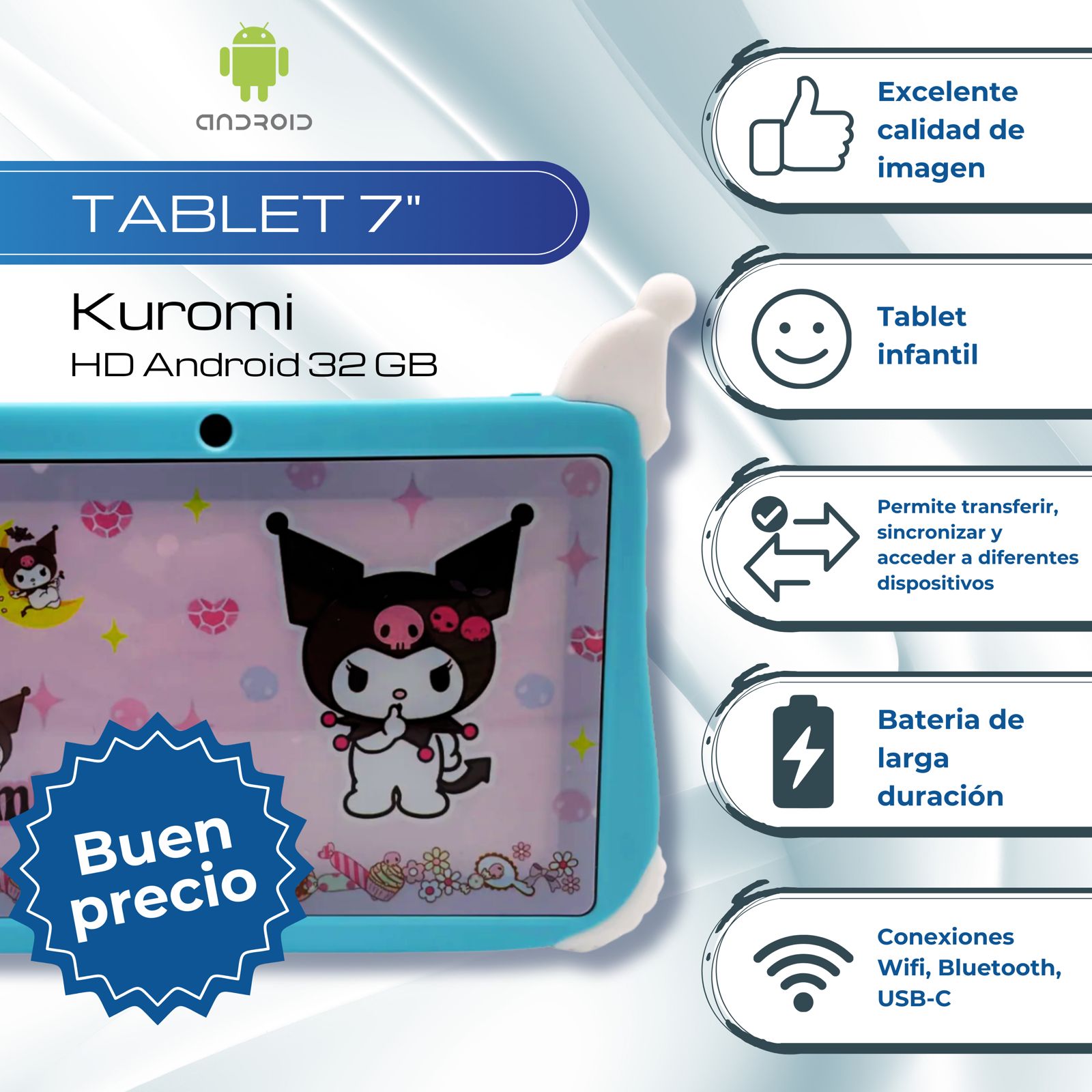 Tablet 7 Pulgadas Kuromi Android 13 HD 32 GB - 2GB Azul