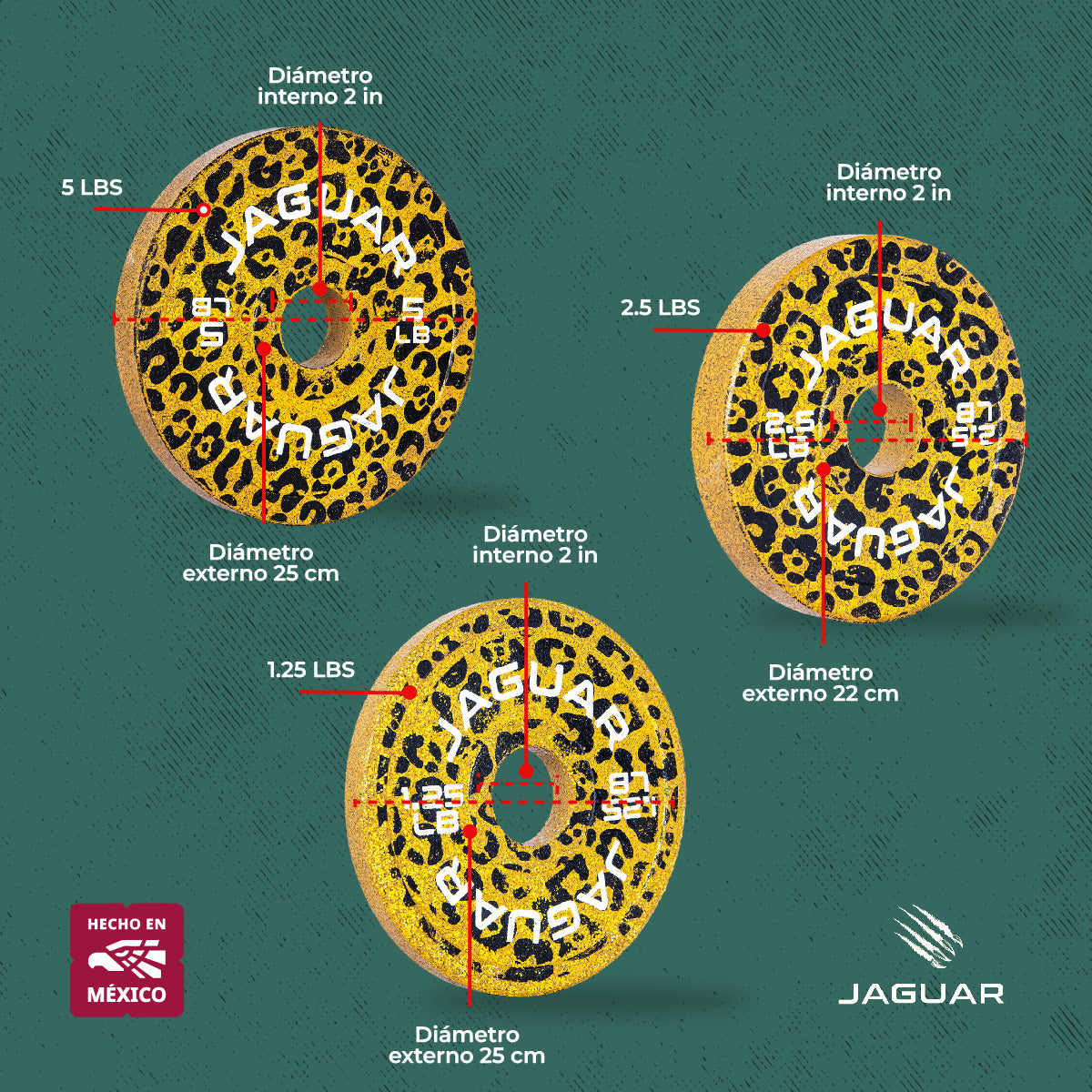 Set de Bumpers Jaguar Par de 5LB, 2.5LB y 1.25LB Modelo BALAM amarillo