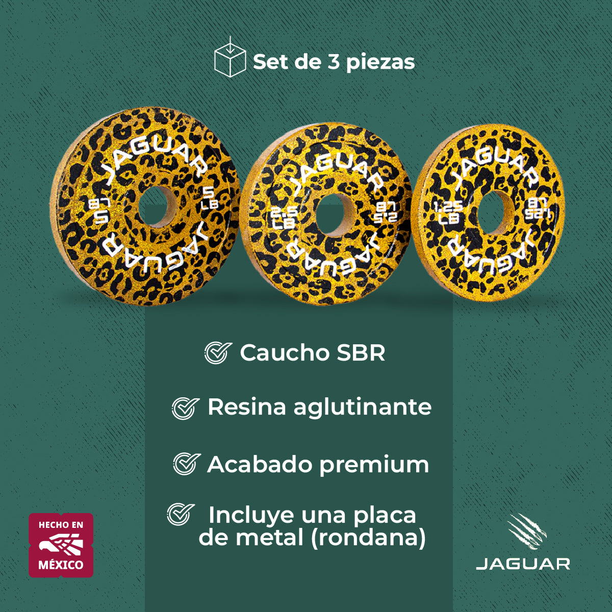 Set de Bumpers Jaguar Par de 5LB, 2.5LB y 1.25LB Modelo BALAM amarillo