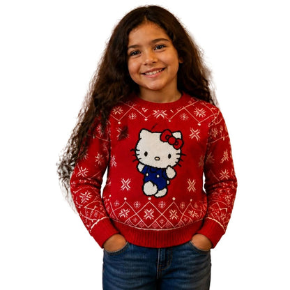 Suéter navideño tipo Ugly Sweater de Hello Kitty con Vestido Azul cuello redondo Unisex