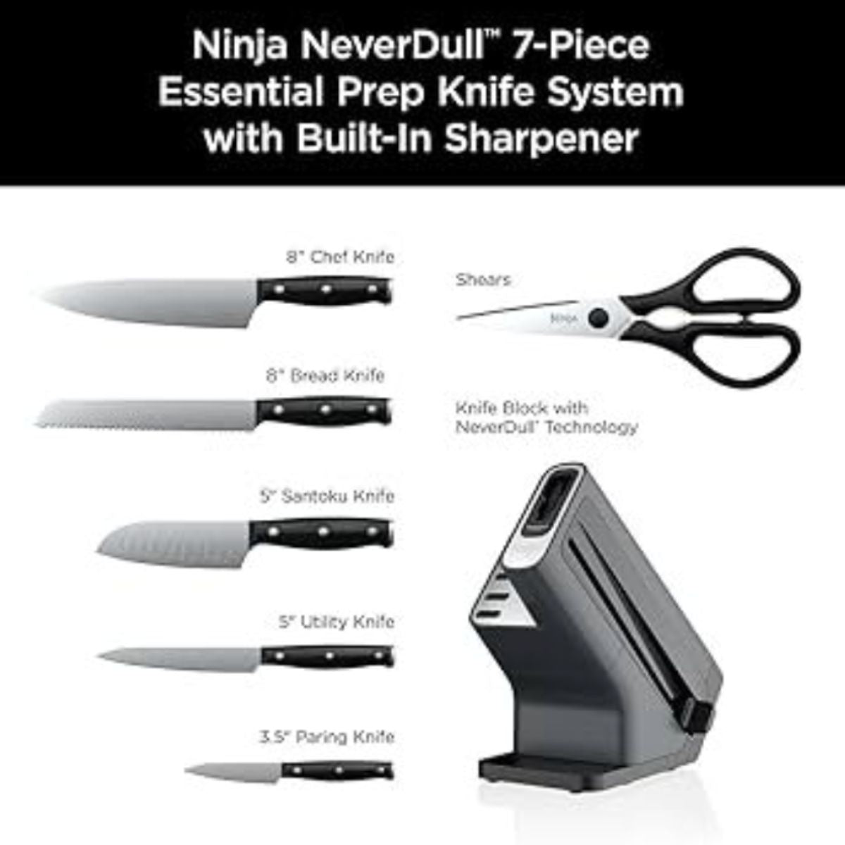 Set 7 Cuchillos Ninja Neverdull Essential Con Afilador Color Negro K12007