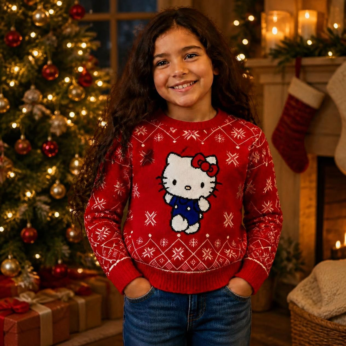 Suéter navideño tipo Ugly Sweater de Hello Kitty con Vestido Azul cuello redondo Unisex