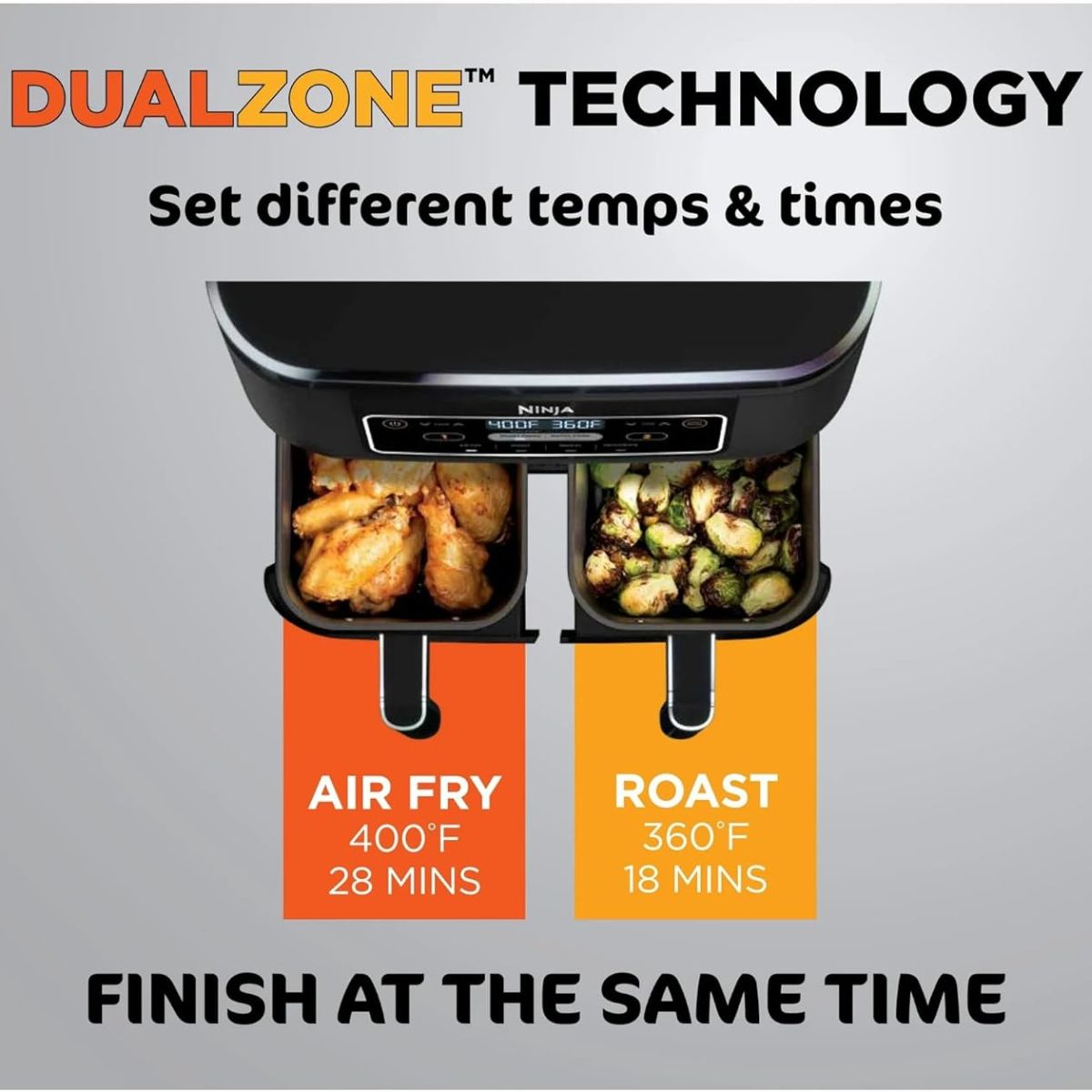 Freidora de aire Ninja dualzon DZ100 Foodi  4 en 1 , 8 cuartos de galón, Cestas Independientes, Tecnología Smart Finish y Match Cook