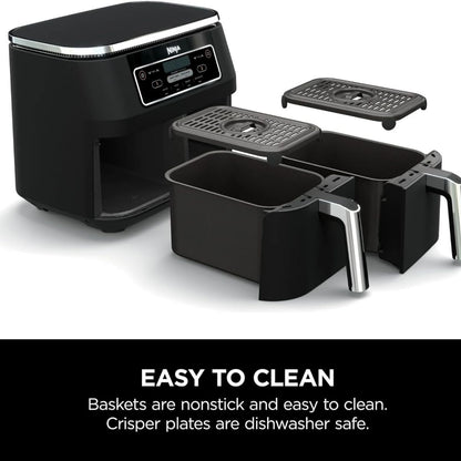 Freidora de aire Ninja dualzon DZ100 Foodi  4 en 1 , 8 cuartos de galón, Cestas Independientes, Tecnología Smart Finish y Match Cook