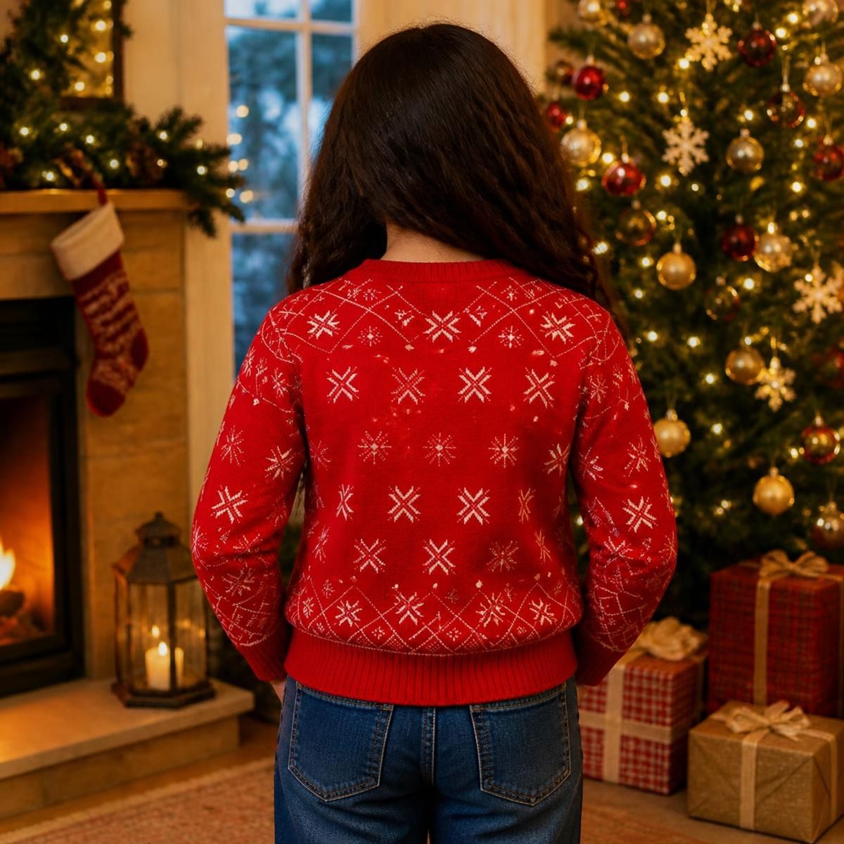 Suéter navideño tipo Ugly Sweater de Hello Kitty con Vestido Azul cuello redondo Unisex
