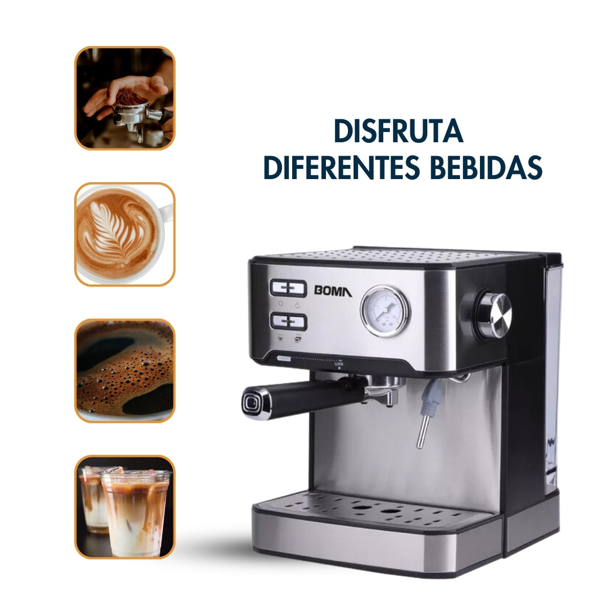 Cafetera Boma 1.6L 2 tazas, bomba de alta presión, válvula de seguridad, boquilla de espuma BM-6836