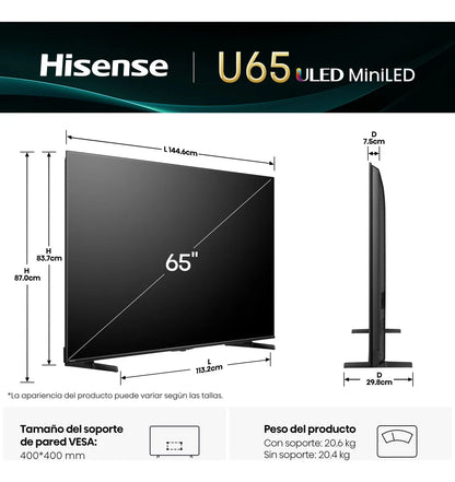 Pantalla Hisense ULED AI 65 Pulgadas Fire TV 4K 65U65QF