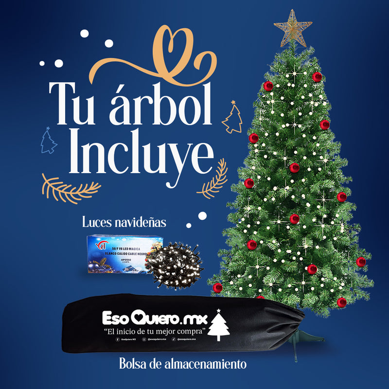 Arbol De Navidad Frondoso Artificial 2.10m con estuche y luces navideñas de regalo | Verde | EsoQuiero