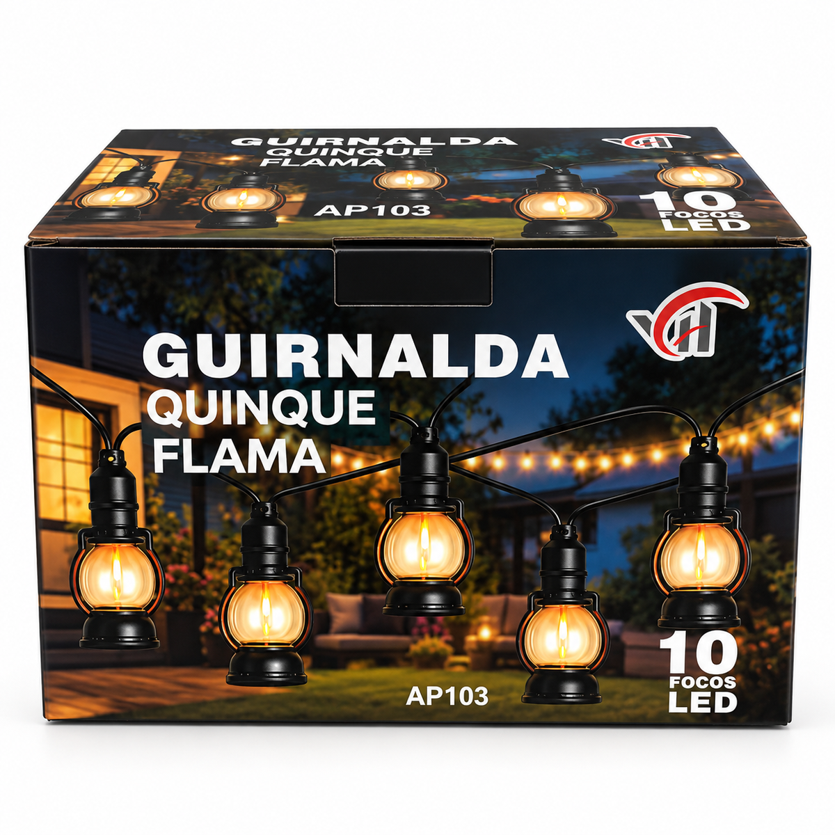 Guirnalda de quinque con flama, 10 focos LED, 5 metros, uso exterior e interior, AP103
