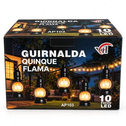 Guirnalda de quinque con flama, 10 focos LED, 5 metros, uso exterior e interior, AP103
