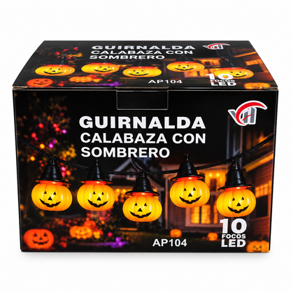 Guirnalda Calabaza Con Sombrero, 10 focos led, 5 metros, interior y exterior, modelo AP104