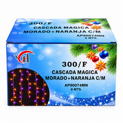 Cascada Magica Halloween cable morado, luz naranja y morada 6 mts 12W, modelo AP90074MN