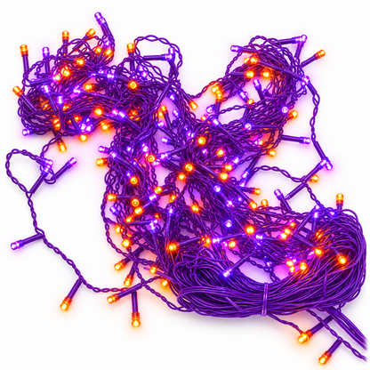 Cascada Magica Halloween cable morado, luz naranja y morada 6 mts 12W, modelo AP90074MN