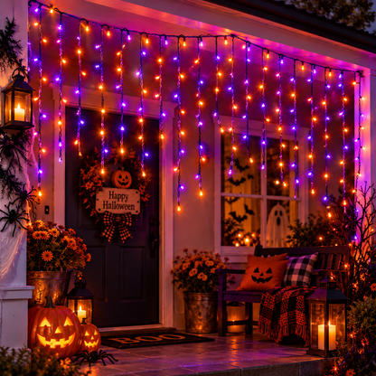 Cascada Magica Halloween cable morado, luz naranja y morada 6 mts 12W, modelo AP90074MN