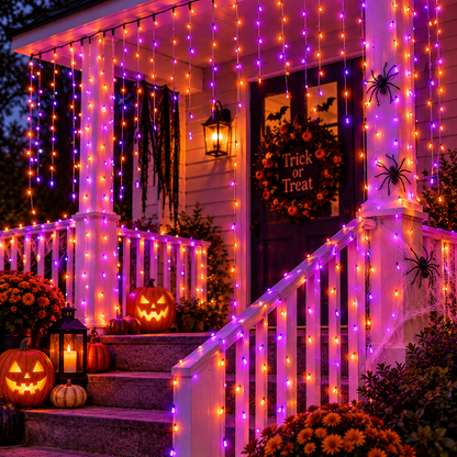 Cascada Magica Halloween cable morado, luz naranja y morada 6 mts 12W, modelo AP90074MN