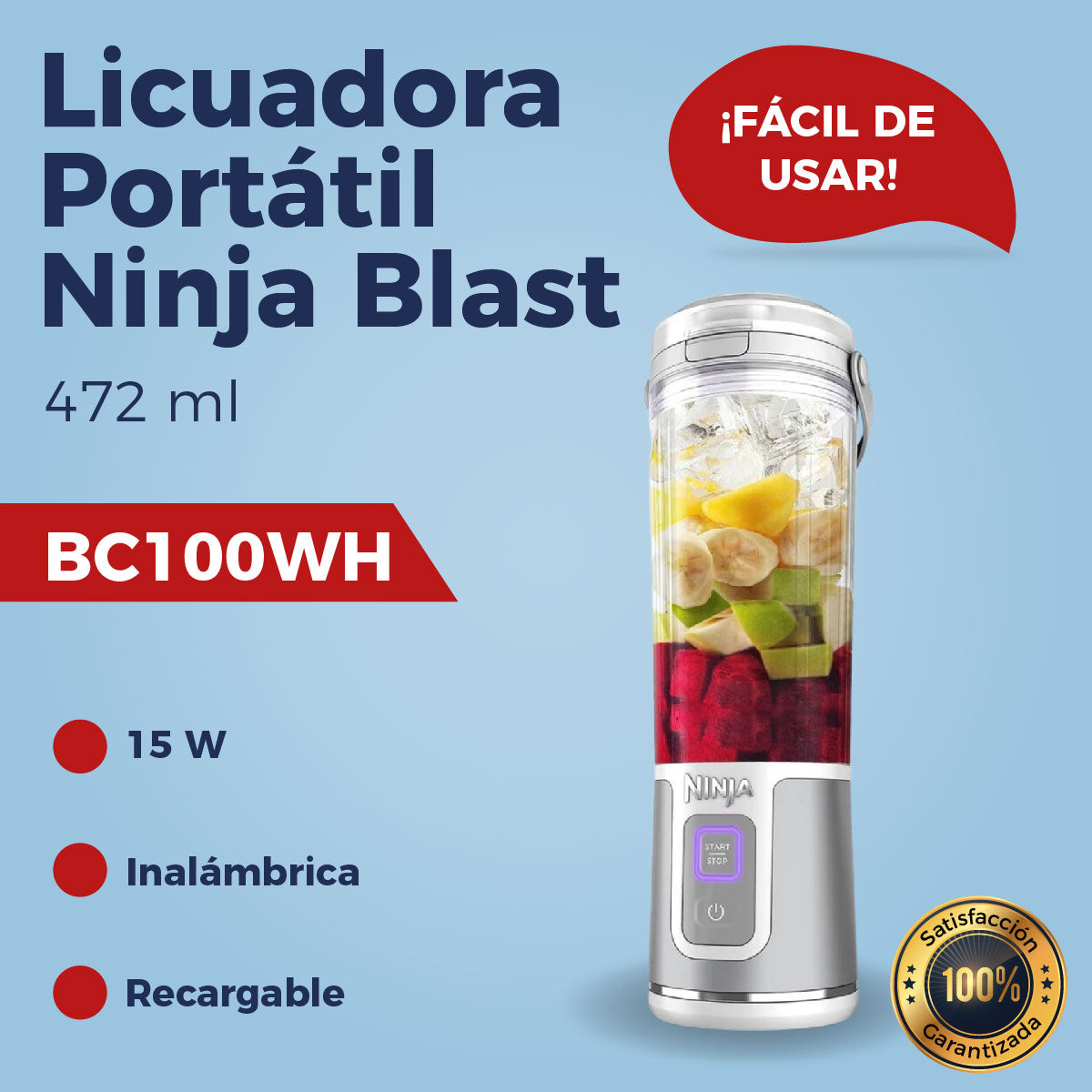 Licuadora Portátil Ninja Blast BC100WH Inalámbrica Recargable 16 Oz | 473ml Blanco