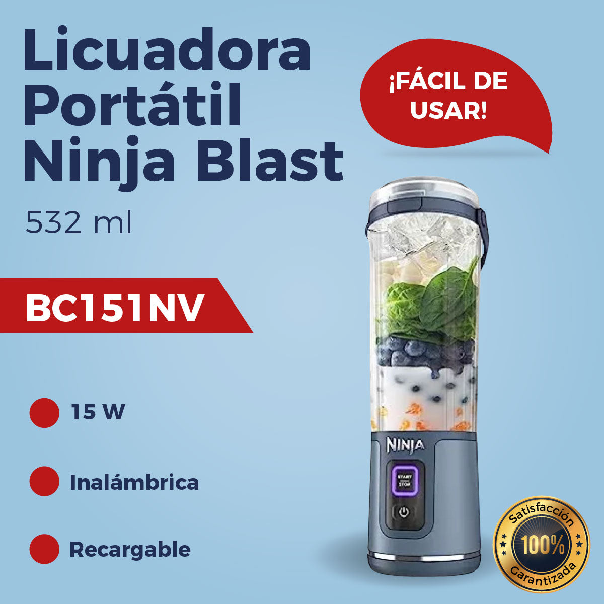 Licuadora Portátil Ninja Blast BC151NV Inalámbrica Recargable 18 Oz | 532ml Azul