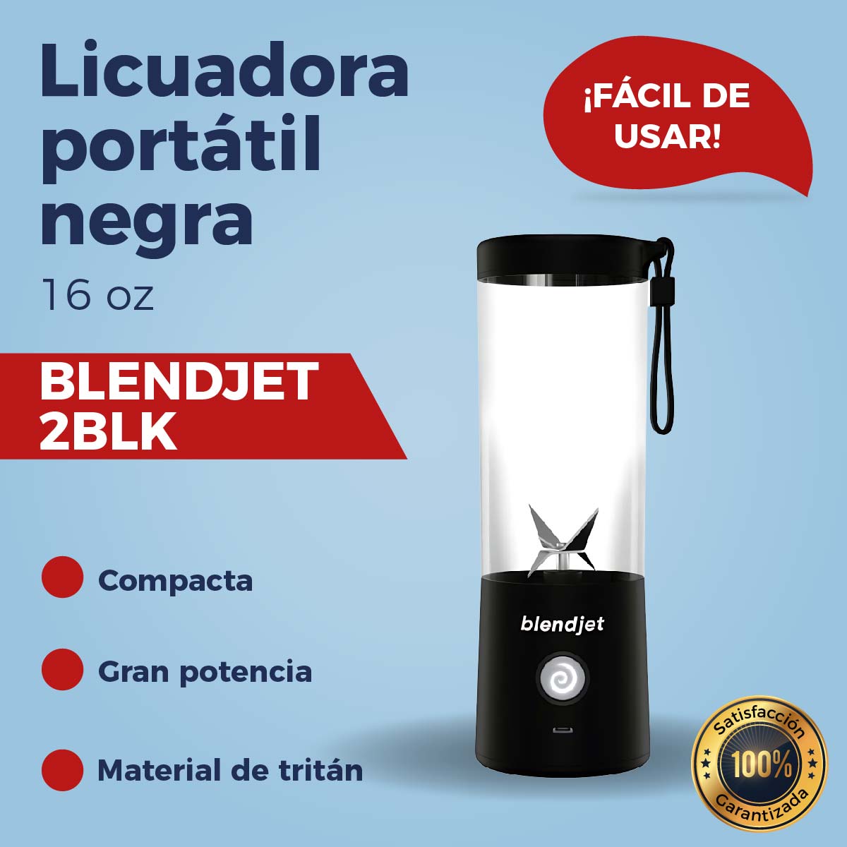 Licuadora Portátil 2  de 16 Oz con correa recargable USB BLENDJET2BLK