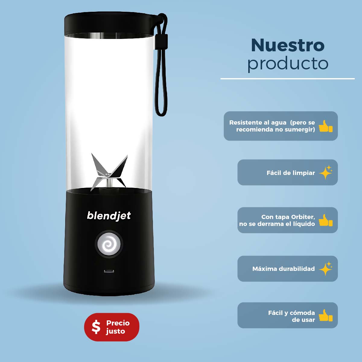 Licuadora Portátil 2  de 16 Oz con correa recargable USB BLENDJET2BLK