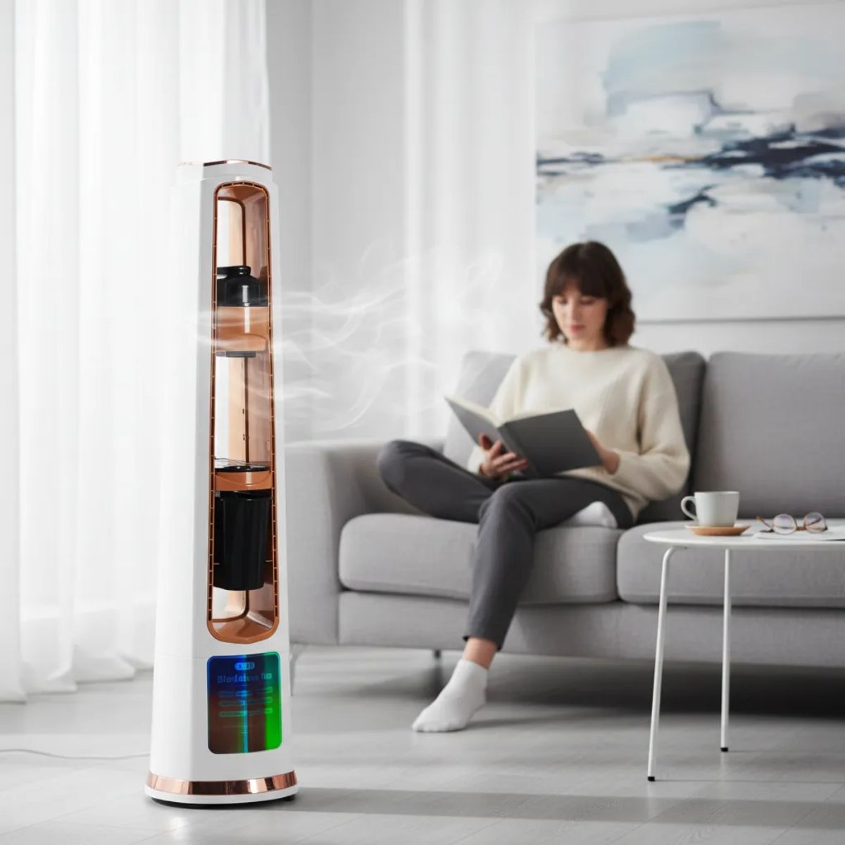 Ventilador de torre BOMA BM-18 Digital, gotas de agua antigravedad, humificador, cabeza giratoria, difusor de aromaterapia, purificador de aire ionizador, con control remoto Blanco