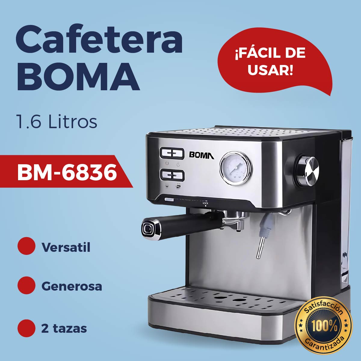 Cafetera Boma 1.6L 2 tazas, bomba de alta presión, válvula de seguridad, boquilla de espuma BM-6836