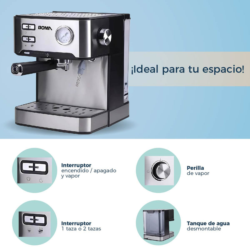 Cafetera Boma 1.6L 2 tazas, bomba de alta presión, válvula de seguridad, boquilla de espuma BM-6836