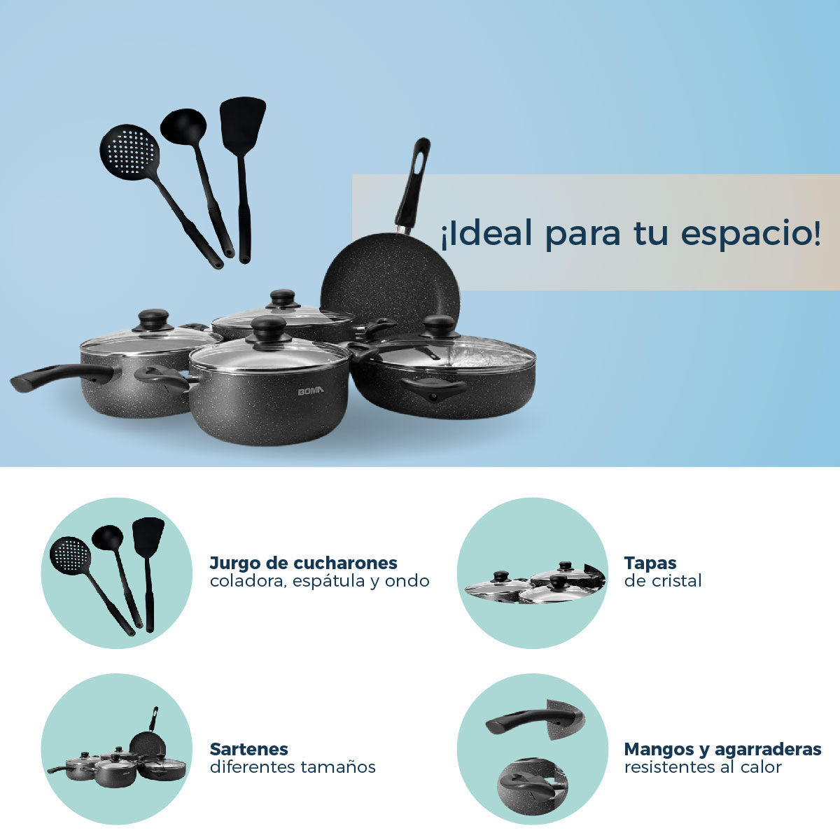 Batería De Cocina Boma 12pz Ergonómico Antiadherente BM-K12G Gris