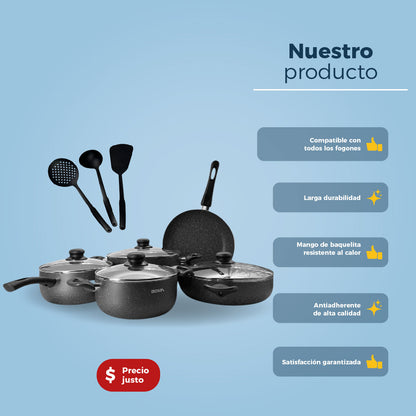 Batería De Cocina Boma 12pz Ergonómico Antiadherente BM-K12G Gris