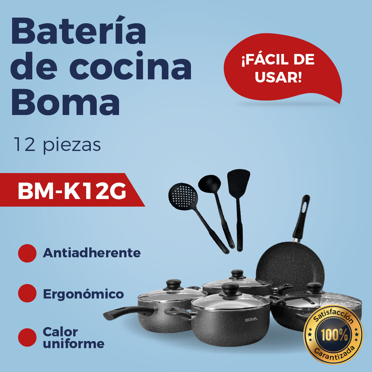 Batería De Cocina Boma 12pz Ergonómico Antiadherente BM-K12G Gris