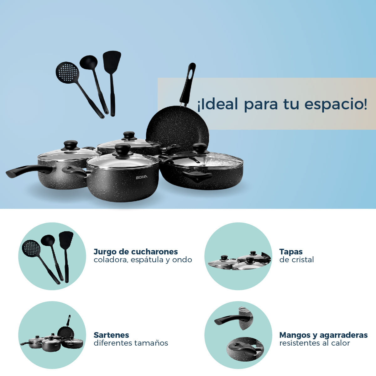 Batería de cocina Boma 12 piezas ergonómico antiadherente de alta calidad BM-K12N