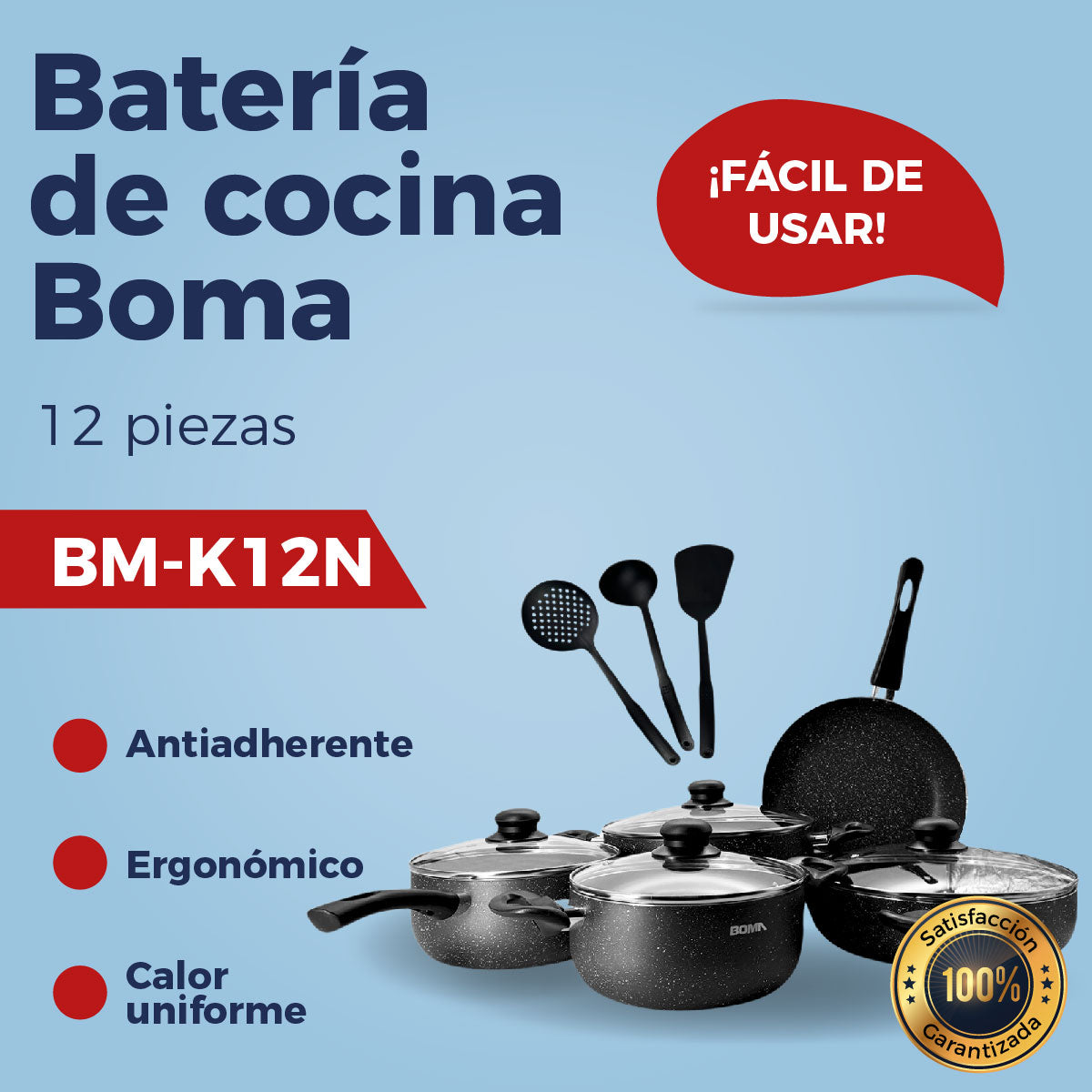 Batería de cocina Boma 12 piezas ergonómico antiadherente de alta calidad BM-K12N