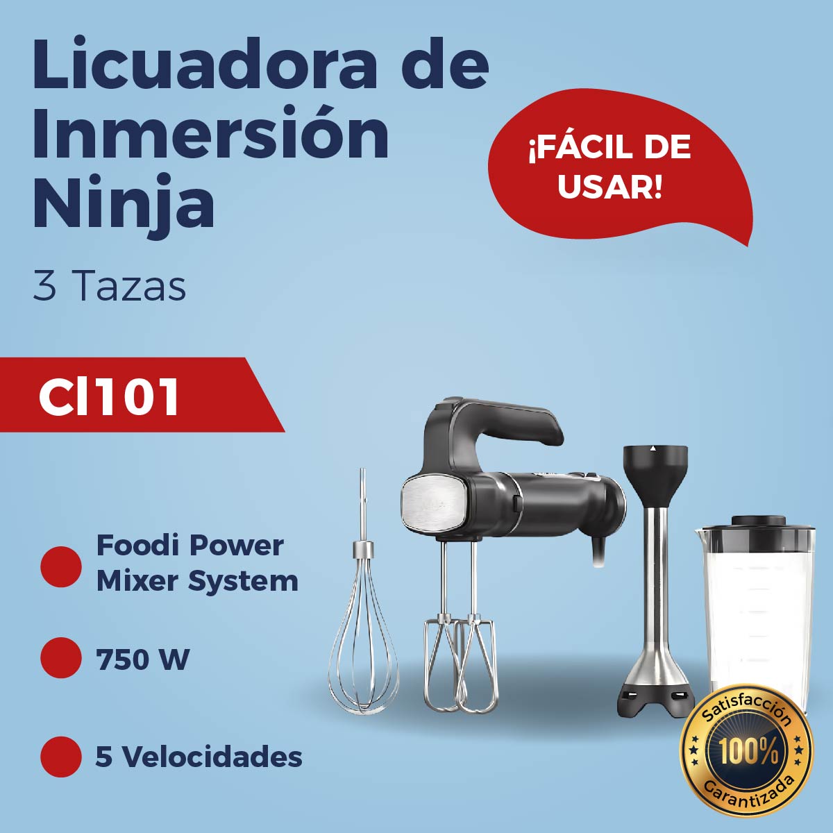 Licuadora de Inmersión Ninja CI101 Foodi Power Mixer System 3 tazas