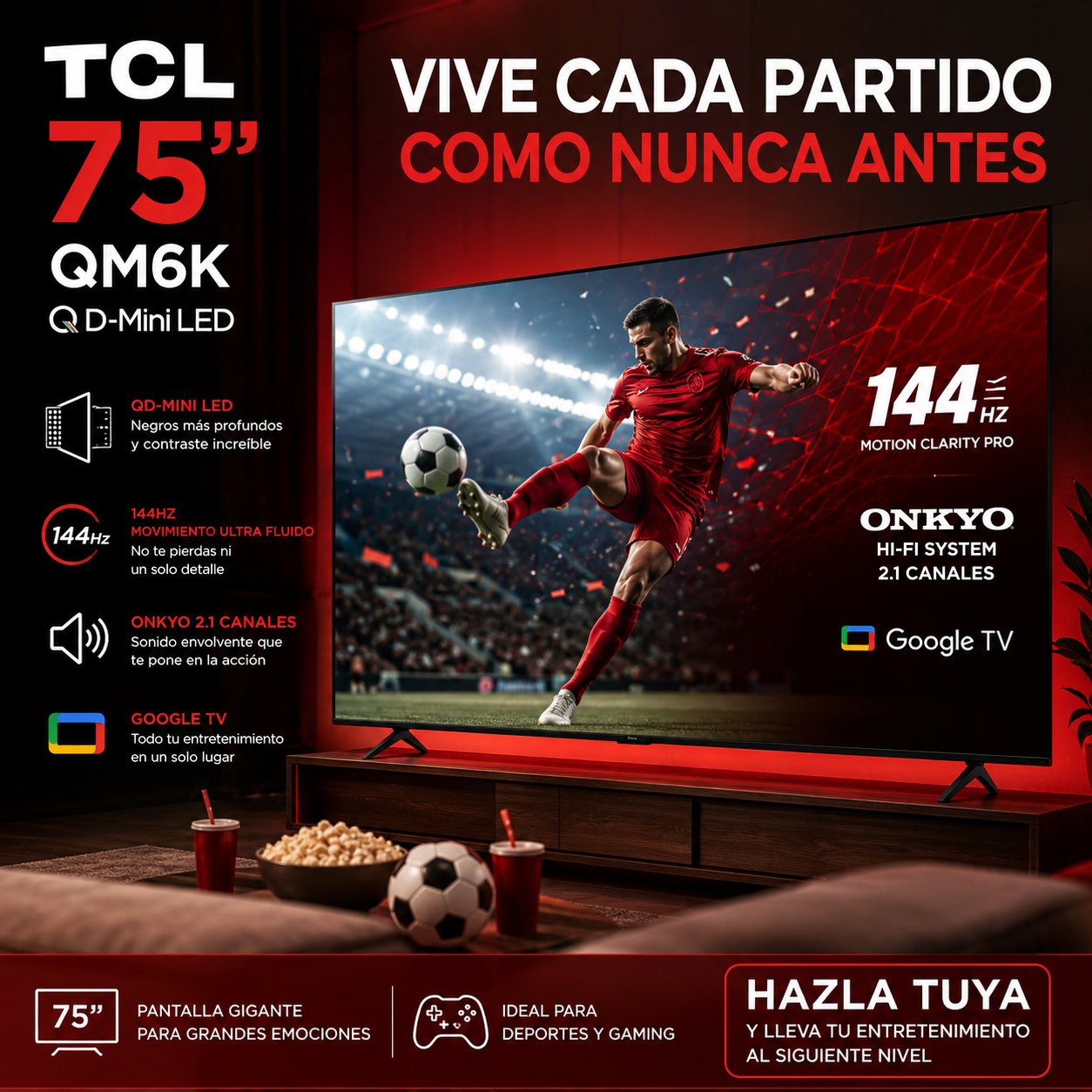 Pantalla TCL 75" QM6K Pro QD-Mini LED 4K Google TV