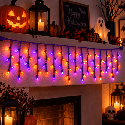 Cascada Magica Halloween cable morado, luz naranja y morada 6 mts 12W, modelo AP90074MN