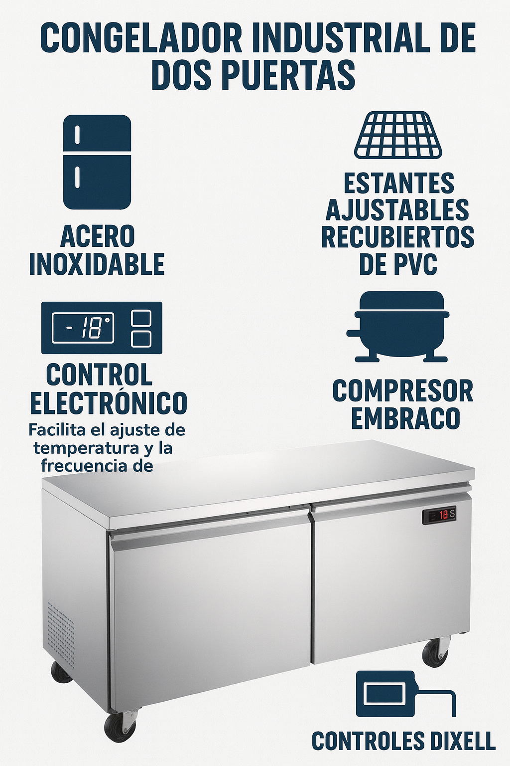 Congelador Bajo de Barra 2 Puertas de Acero Inoxidable y Cierre Automático