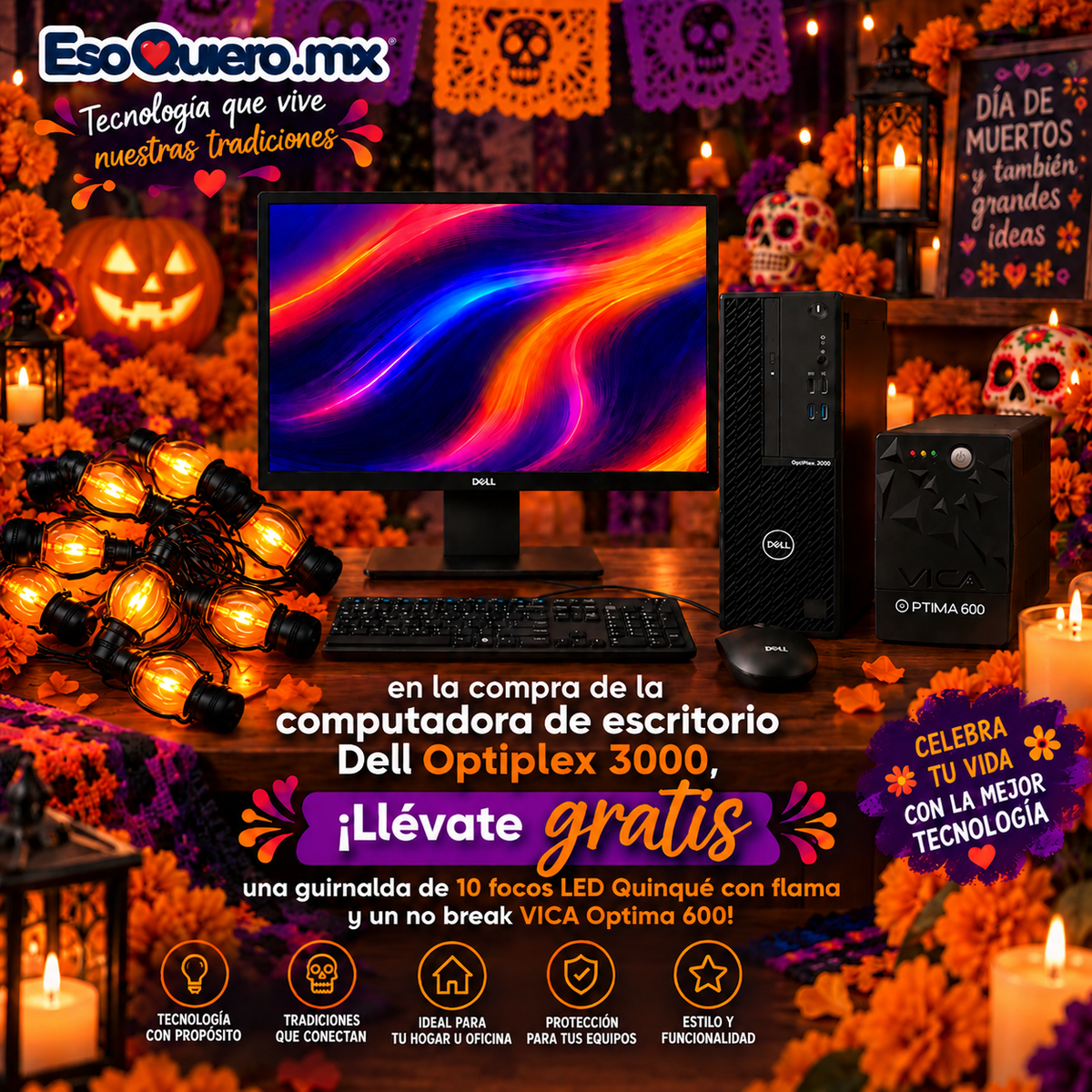 #COMBOESPELUZNANTE Computadora De Escritorio Dell Optiplex 3000 8GB RAM y Guirnalda de 10 focos LED de Quinqué con Flama