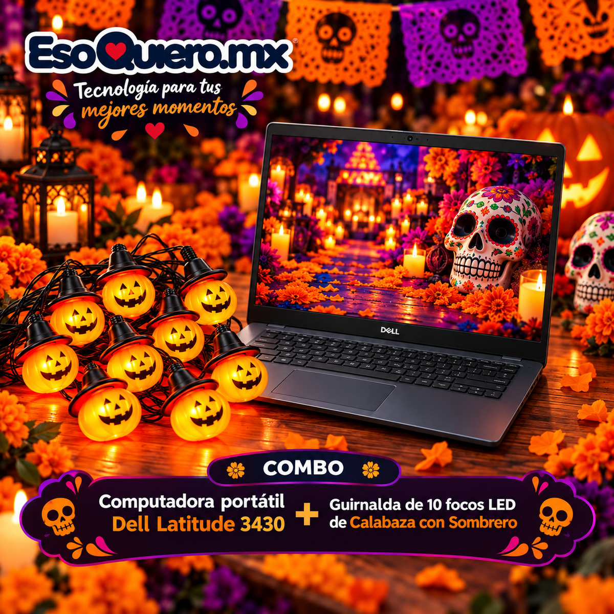 #COMBOEMBRUJADO Computadora portátil Dell Latitude 3430 y Guirnalda con 10 focos LED de Calabaza con Sombrero