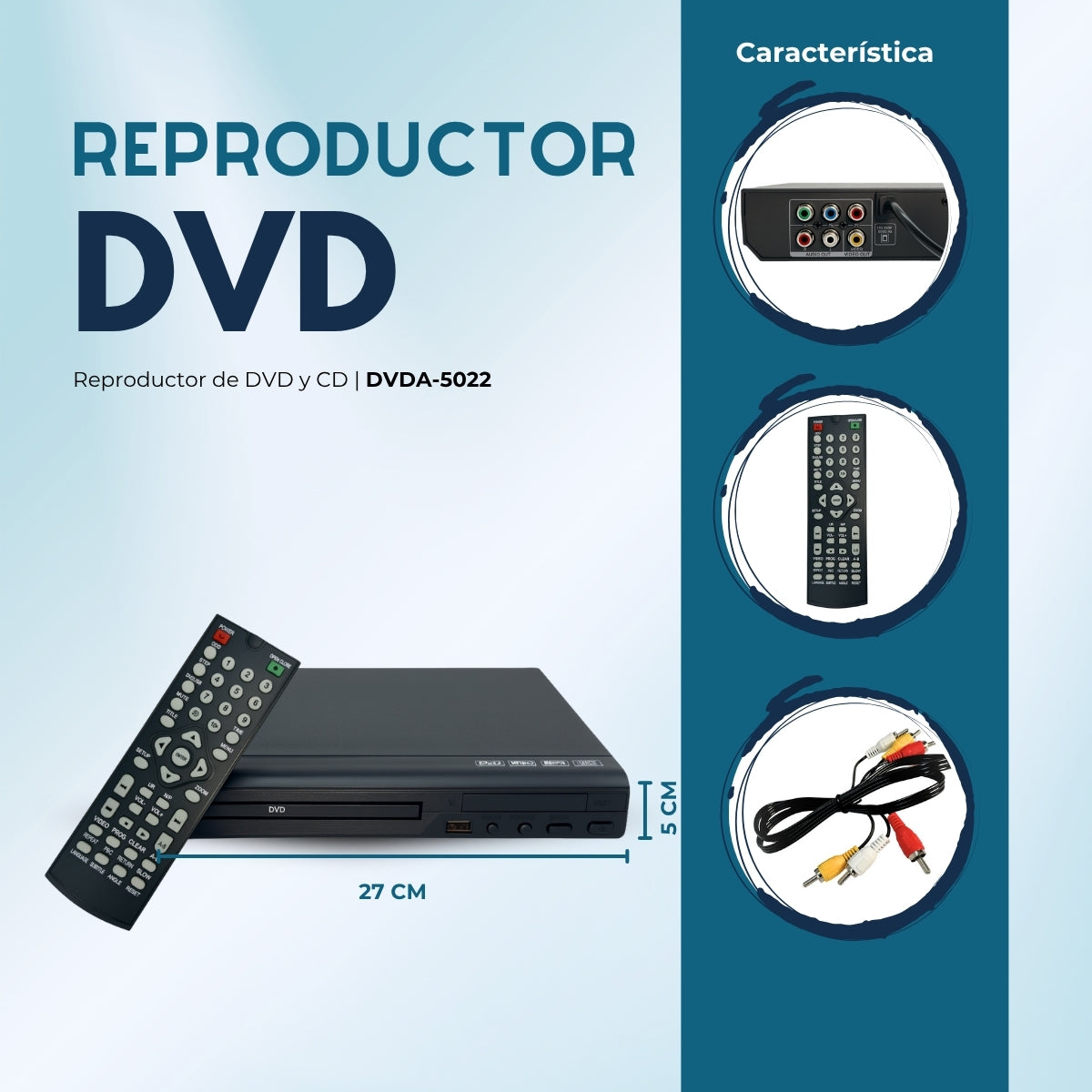 Reproductor DVD Y CD, música, fotos y videos a través de USB Diseño ultradelgado DVDA-5022.