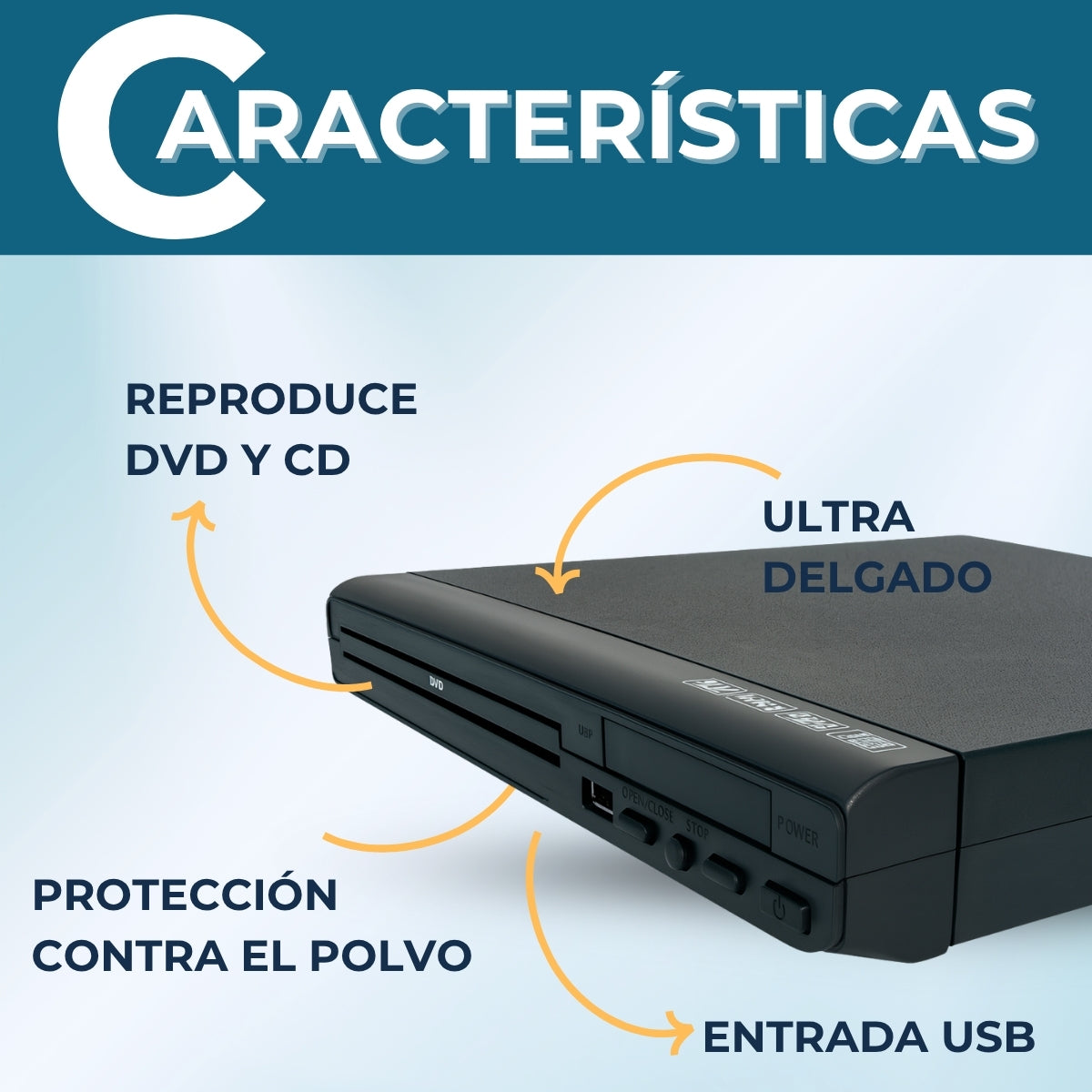 Reproductor DVD Y CD, música, fotos y videos a través de USB Diseño ultradelgado DVDA-5022.