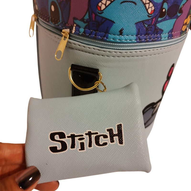 Bolsa De Mano De Stitch En Forma De Cilindro Con Correa Azul Hecha en México.