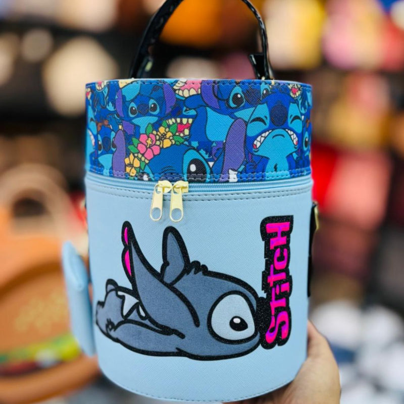 Bolsa De Mano De Stitch En Forma De Cilindro Con Correa Azul Hecha en México.