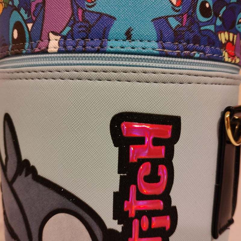 Bolsa De Mano De Stitch En Forma De Cilindro Con Correa Azul Hecha en México.