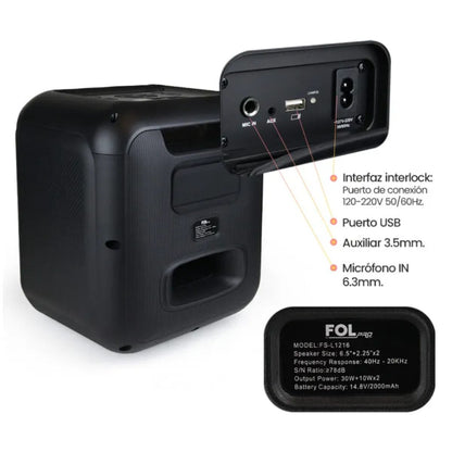 Bocina portátil BT FOL Pro 6.5" Karaoke TWS USB con micrófono FS-L1216M