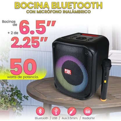 Bocina portátil BT FOL Pro 6.5" Karaoke TWS USB con micrófono FS-L1216M